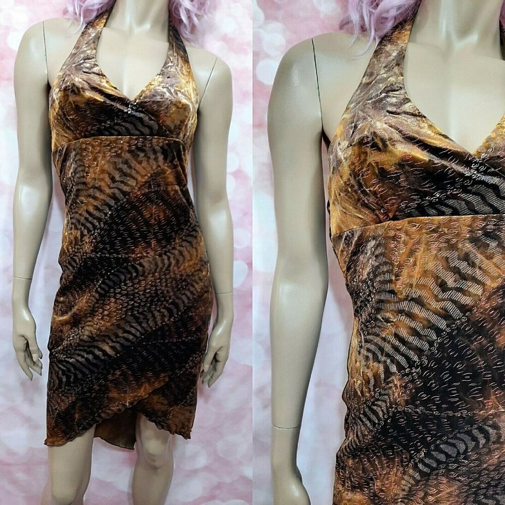 90s Y2k Brown Velvet Halter Dress Size M Mixed Animal Print Gold Glitter Stretch